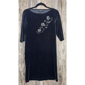 Vtg. Danielle Casey Dress S Black Velvet Midi Floral Embroidery Romantic Elegant